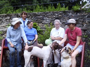 Garden workday volunteers--L to R Wendy White, Martha Lombardo, Linda Pitt, Paula Burns, Karen Hinckley with Rocket and Lizzie